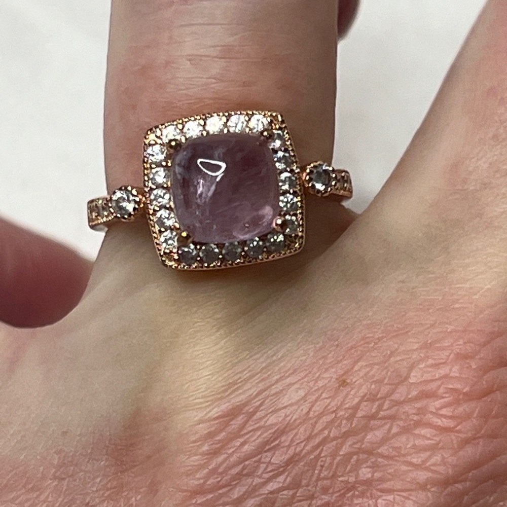 Rose Gold Sz 6 Tone Pink Cabochon Cushion Halo Cocktail Statement Feminine Ring